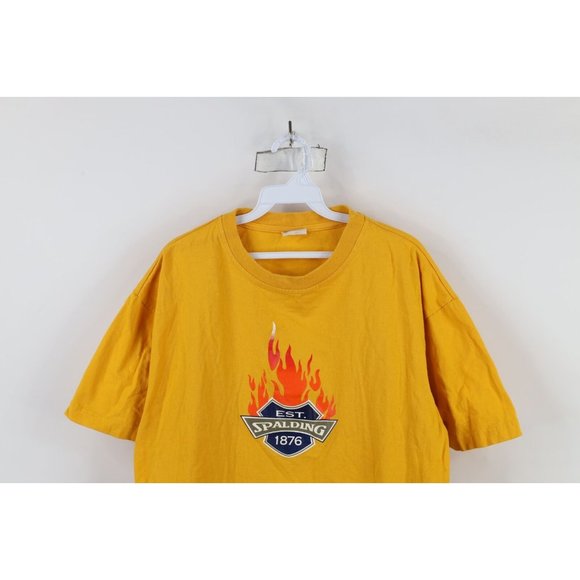 Vtg 90s Spalding Mens Large Spell Out Fire Flames Short Sleeve T-Shirt Yellow - Picture 2 of 12